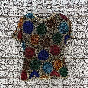 Vintage Oleg Cassini Black Tie Bead Swirl Dot Gold Primary Color Blouse MEDIUM